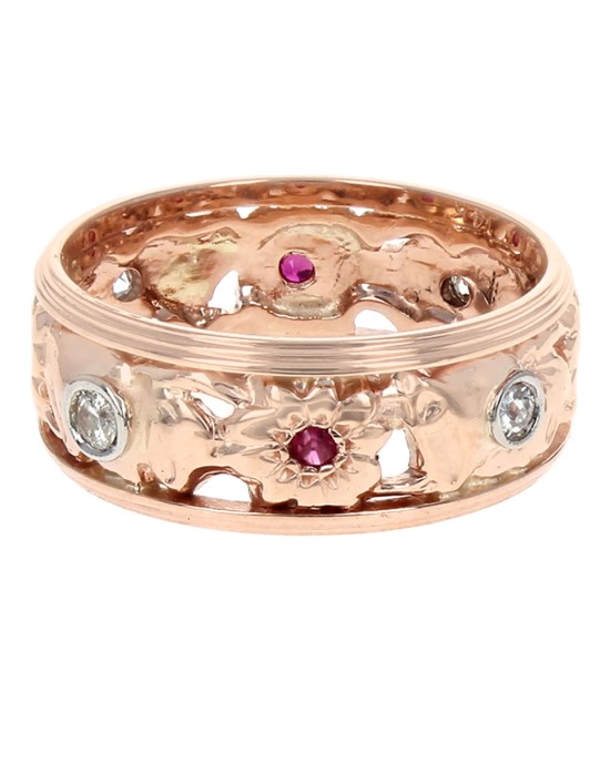 Diamond and Ruby Open Cut Floral Motif Band in Rose Gold